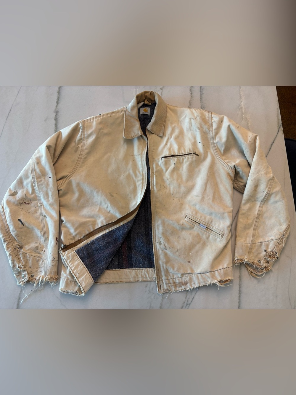 Vintage 80s Carhartt Detroit Jacket Blanket Lined Thrashed Workwear Corduroy L